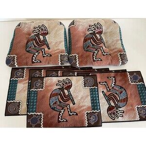 KOKOPELLI southwestern Dancing Flute Player 2 Seat Cushions And 6 Placemats